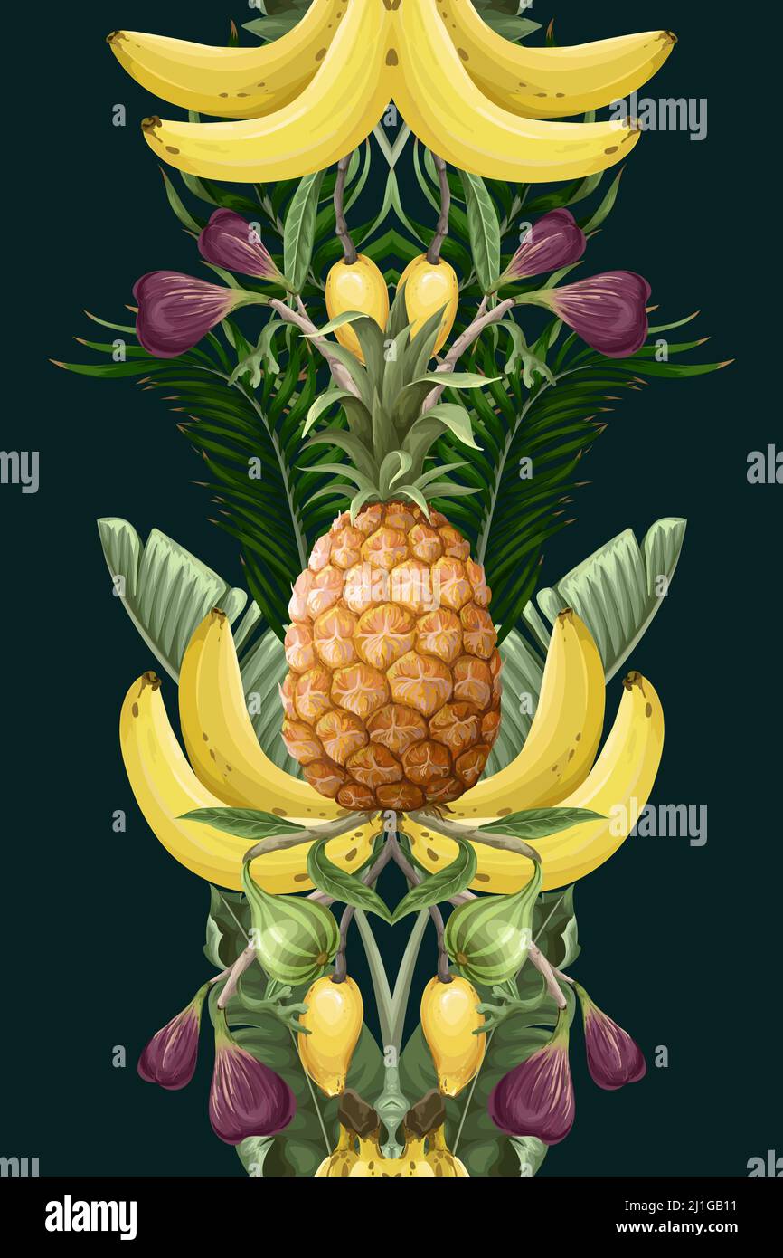 Modello senza cuciture con ananas, banane, fichi e foglie tropicali. Vettore. Illustrazione Vettoriale
