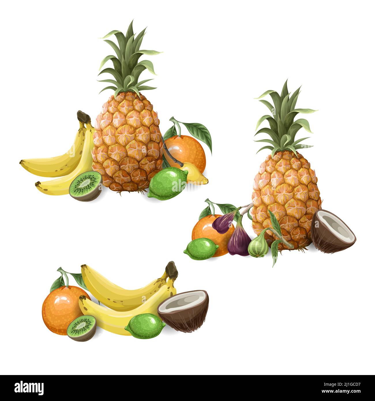 Modello senza giunture con Set di frutti tropicali come ananas, arancia, fico, banana ecc. Vector. Illustrazione Vettoriale