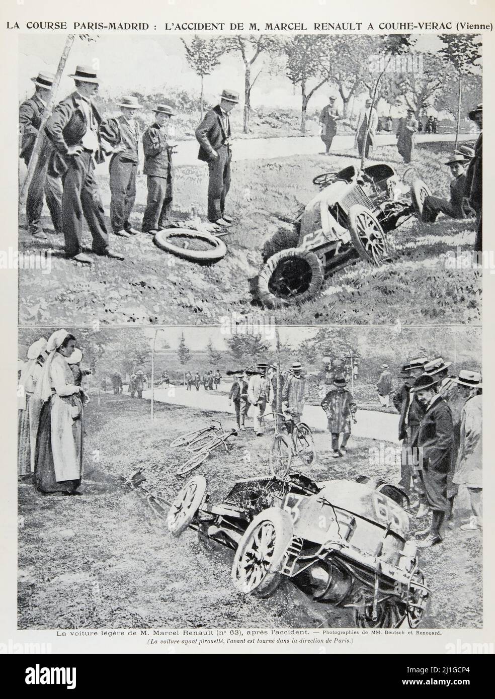 LA COURSE PARIS-MADRID : l'HINFORTUNY DE M. MARCEL RENAULT (la voiture ayant pirouetté, l'avant est tourné dans la direction de Paris). - Eng translation : LA CORSA PARIGI-MADRID: L'INCIDENTE DEL MR MARCEL RENAULT (la vettura con piroetting, la parte anteriore è girata in direzione di Parigi. - Estratto da 'l'Illustration Journal Universel' - Rivista francese illustrata - 1903 Foto Stock