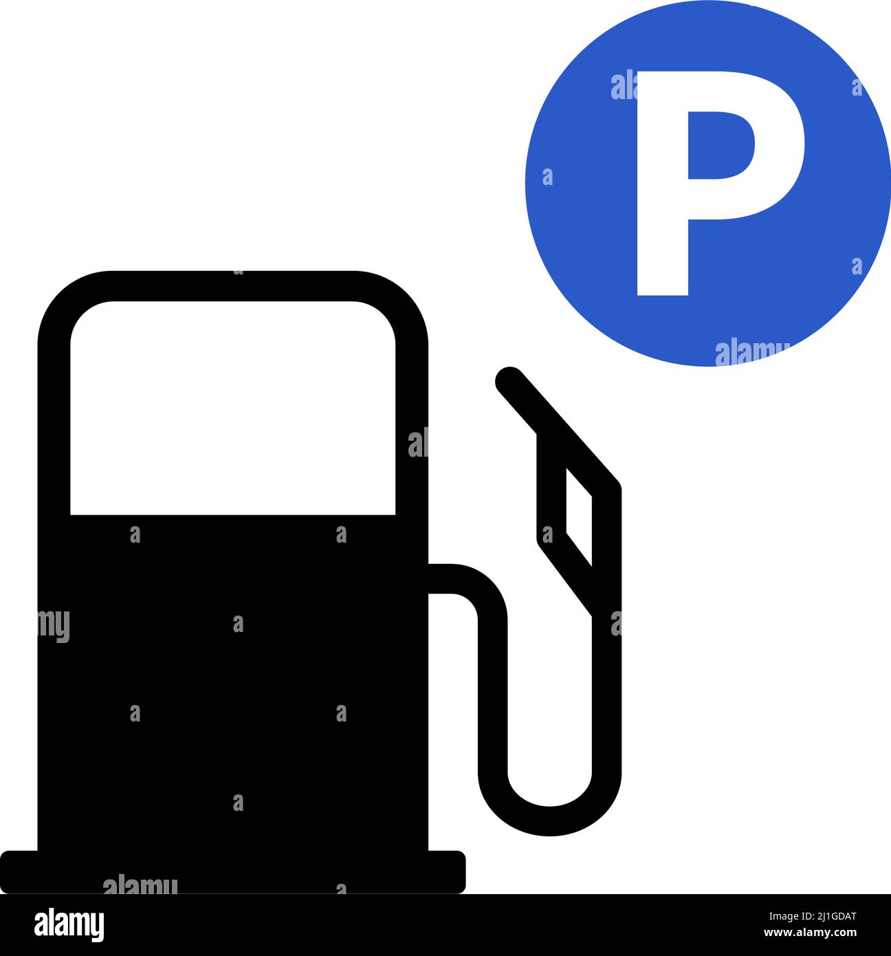 Distributore di benzina e cartello di parcheggio. Vettore modificabile. Illustrazione Vettoriale