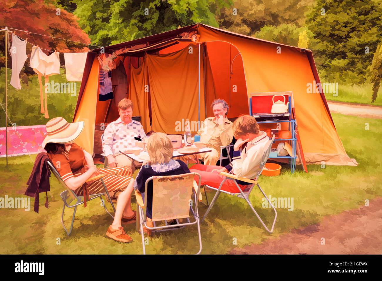 Vacanze in campeggio britannico nel 70s Foto Stock
