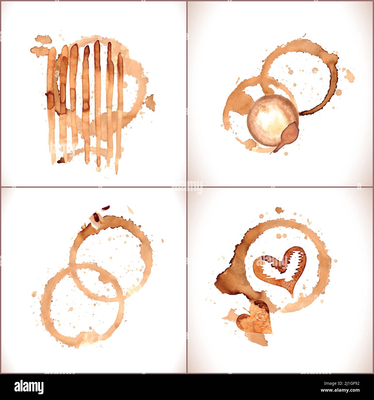 Macchie di vernice del caffè isolate su sfondo bianco.segni della tazza del caffè. Set caffè Vector. Illustrazione Vettoriale