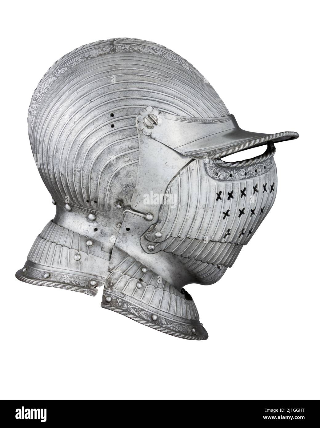 Foto d'epoca di borgata medievale chiusa. Ca. 1525–30. (Con tracciato di ritaglio). Questo casco combina caratteristiche comuni ai burgonets, in particolare il proiettino Foto Stock