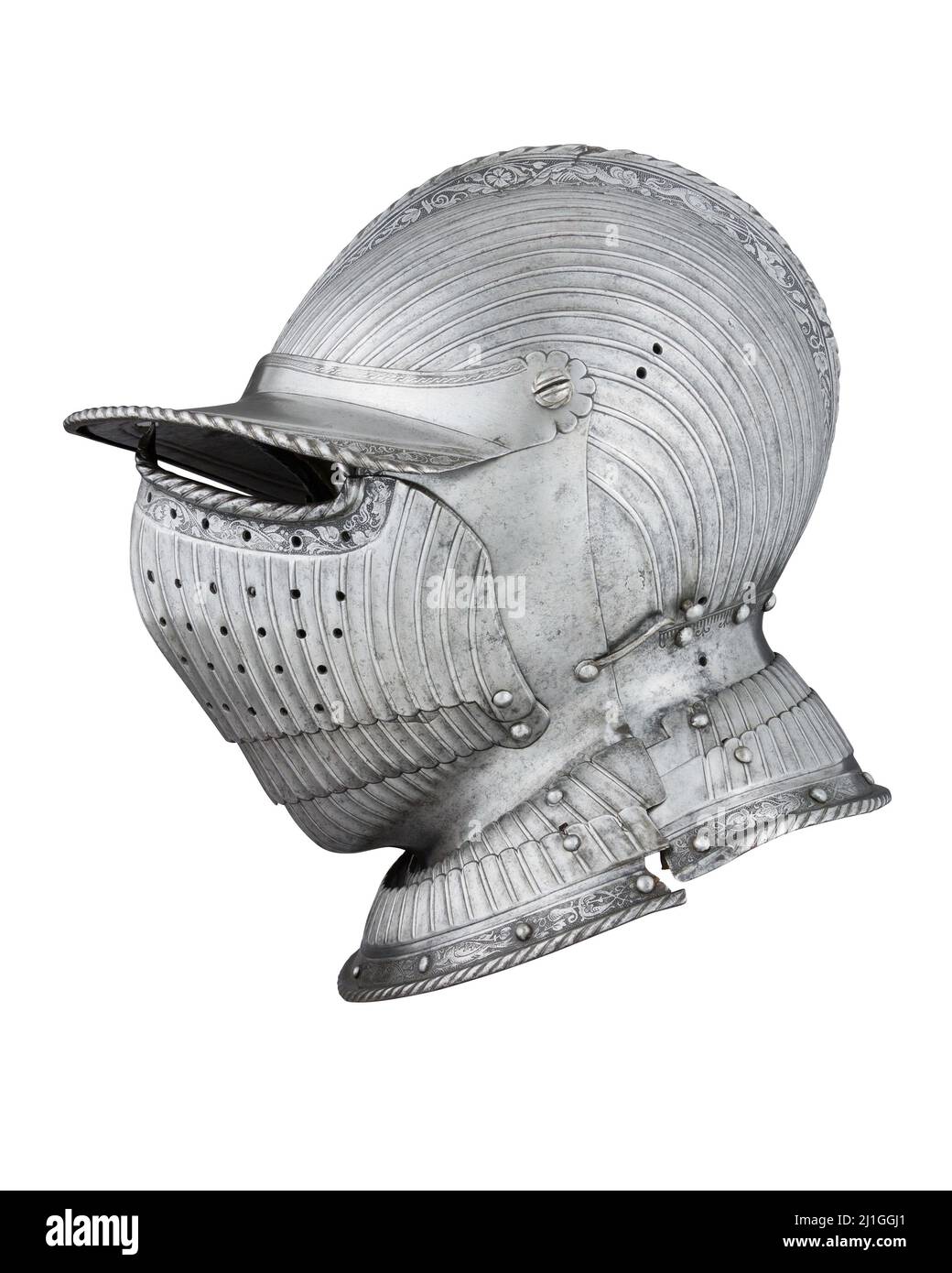 Foto d'epoca di borgata medievale chiusa. Ca. 1525–30. (Con tracciato di ritaglio). Questo casco combina caratteristiche comuni ai burgonets, in particolare il proiettino Foto Stock