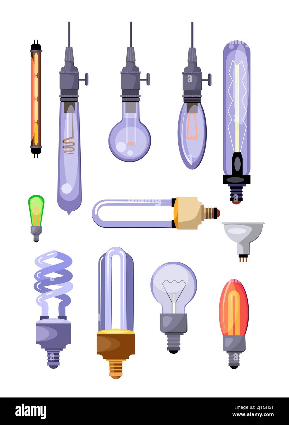 Set di lampadine. Collezione di lampadine a risparmio energetico. Può essere utilizzato per argomenti come l'elettricità, l'energia, la luminosità Illustrazione Vettoriale