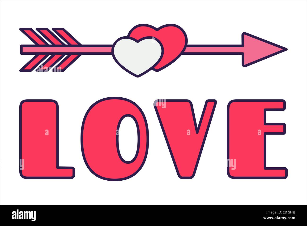 Retro San Valentino icona freccia, cuore, e lettere. Simboli d'amore nello stile d'arte pop line alla moda. La figura di un cuore in rosa tenue, rosso e. Illustrazione Vettoriale