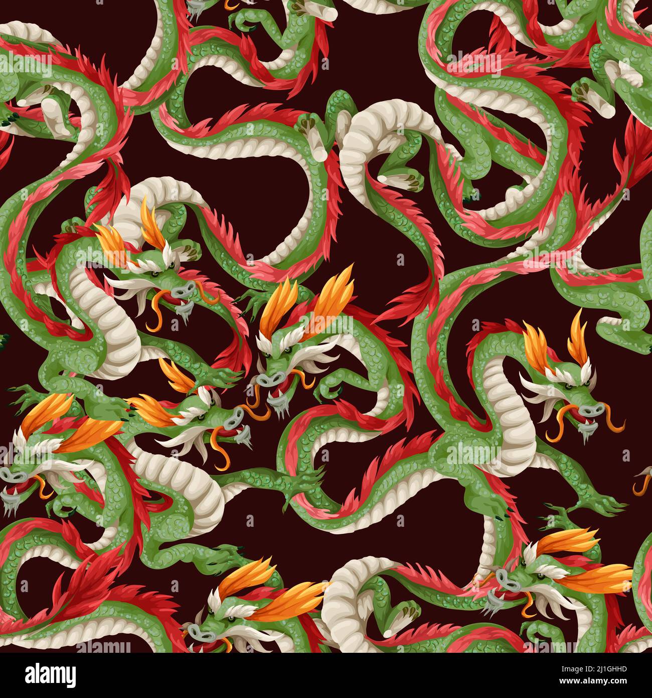 Modello senza cuciture con draghi. Stampa orientale alla moda. Illustrazione Vettoriale