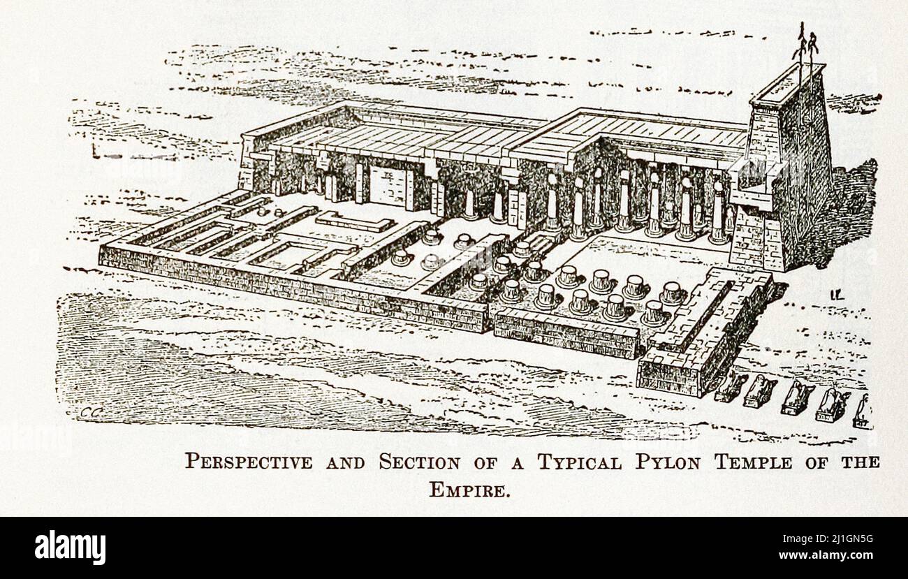 Antico Egitto. Il nuovo Regno (1549–1069 a.C.). Illustrazione di 1912 prospettiva e sezione di un tipico tempio di pilone dell'Impero Foto Stock