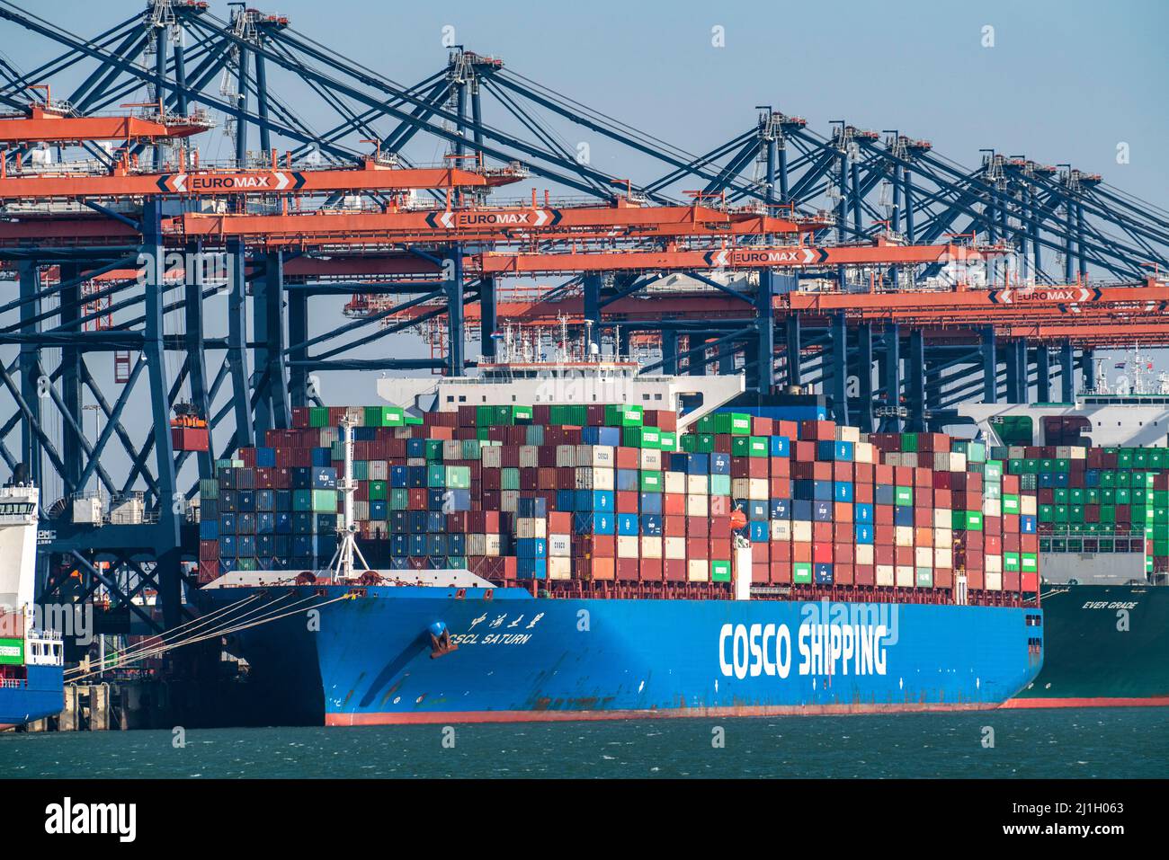 Euromax Container Terminal, container freighter, nel porto marittimo di Rotterdam, Paesi Bassi, porto di mare profondo Maasvlakte 2, su una superficie terrestre artificiale di f Foto Stock