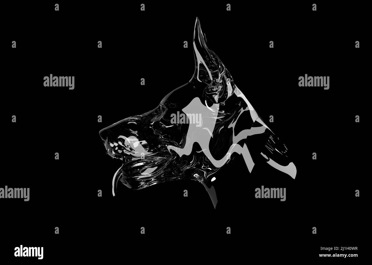 Vista laterale astratta della testa di Doberman. Animali domestici, amanti del cane, elemento di design a tema animale isolato su sfondo nero. Design moderno e alla moda di lusso. Foto Stock