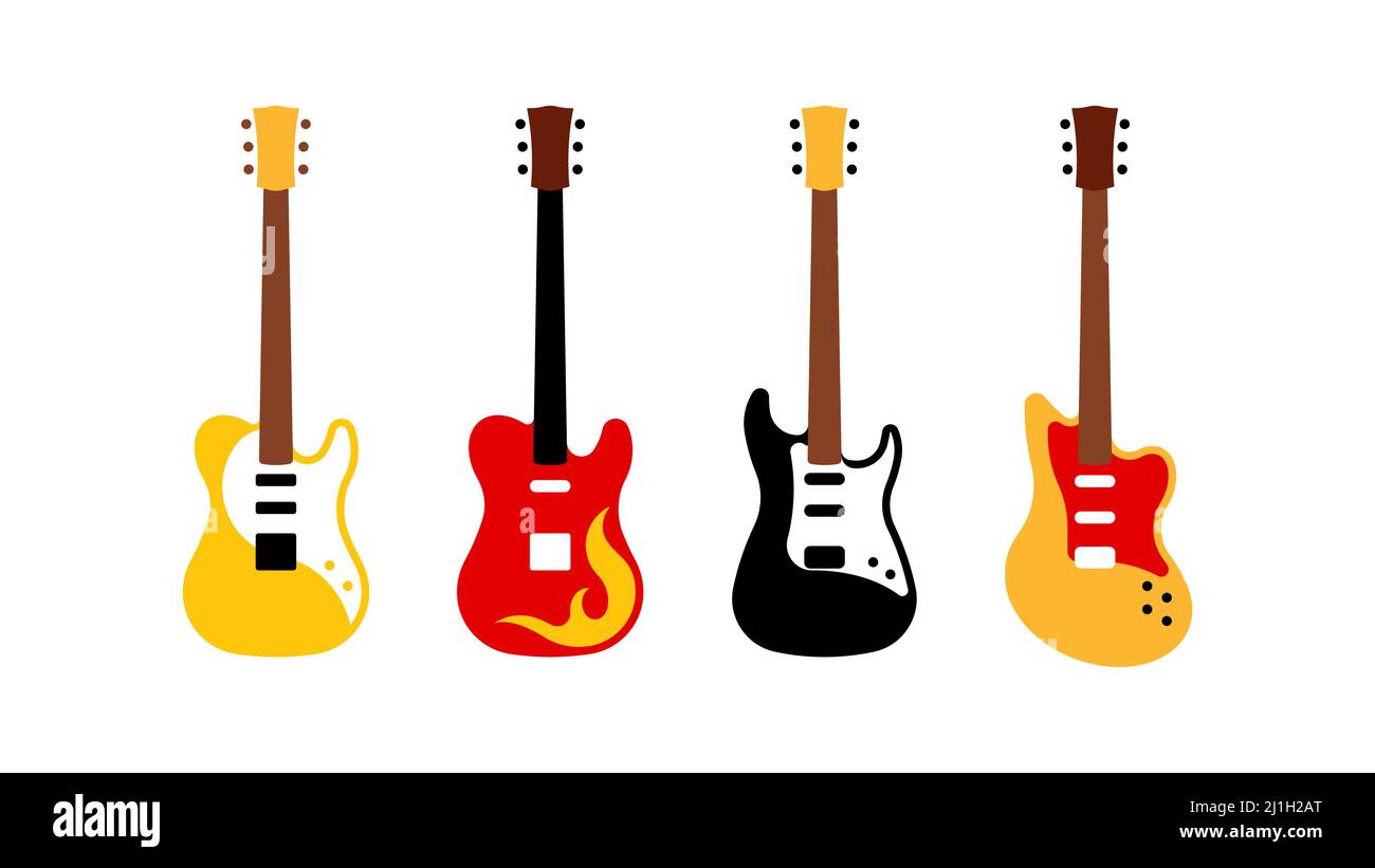 Set di diverse chitarre elettriche. Rappresentazione semplificata di strumenti musicali a corda. Gruppo di icone in stile moderno e piatto. Illustrazione Vettoriale