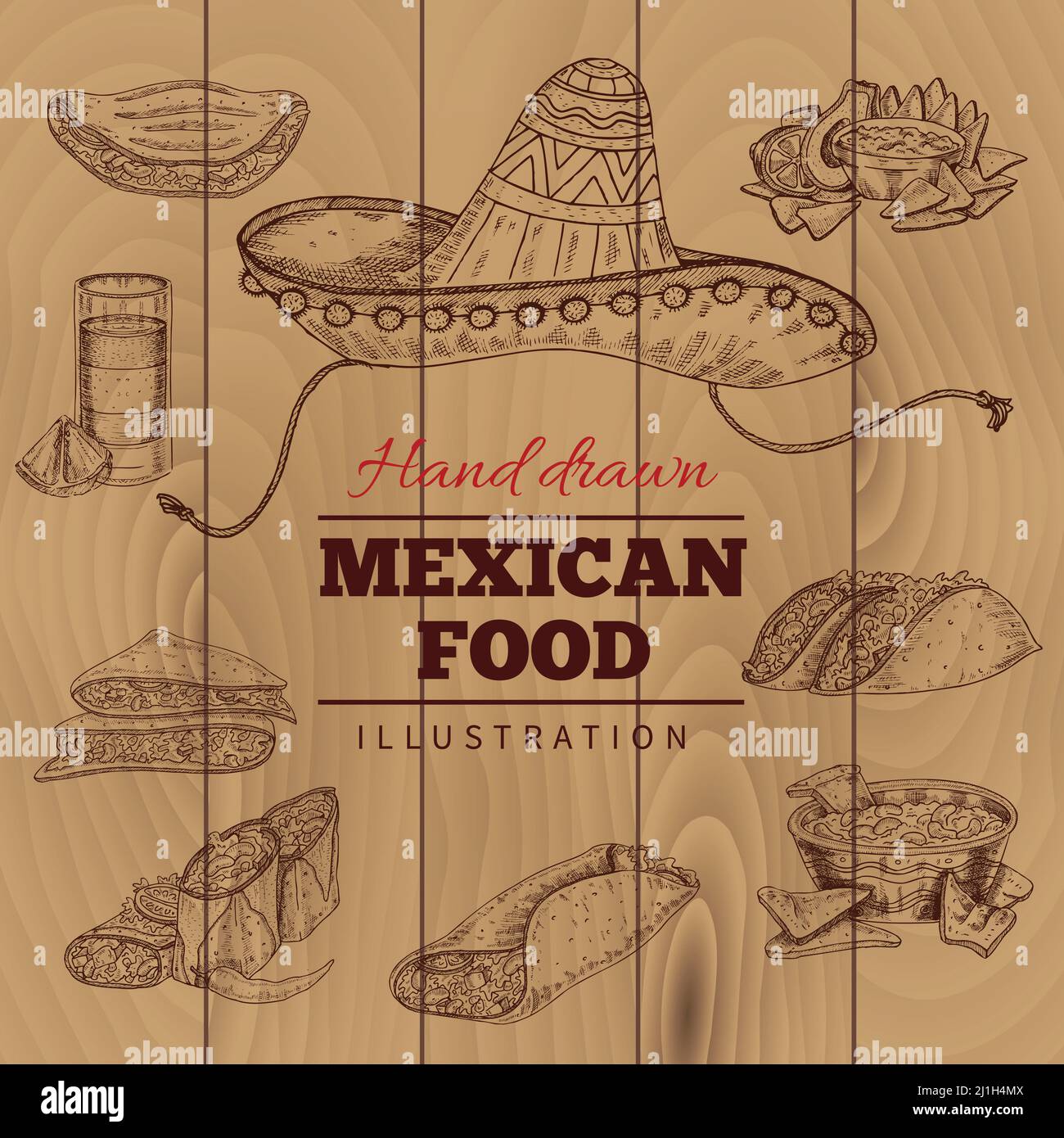 Cibo messicano, tra cui tequila nacho taco e cappello nazionale tavole di legno sfondo disegnata a mano illustrazione vettoriale Illustrazione Vettoriale