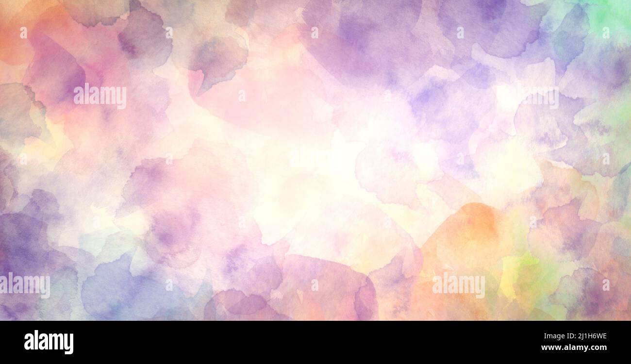 sfondo colorato acquerello con astratto disegno del bordo del cielo, dipinto pastello rosa viola giallo arancio blu e verde fiori e blob in astratto Foto Stock