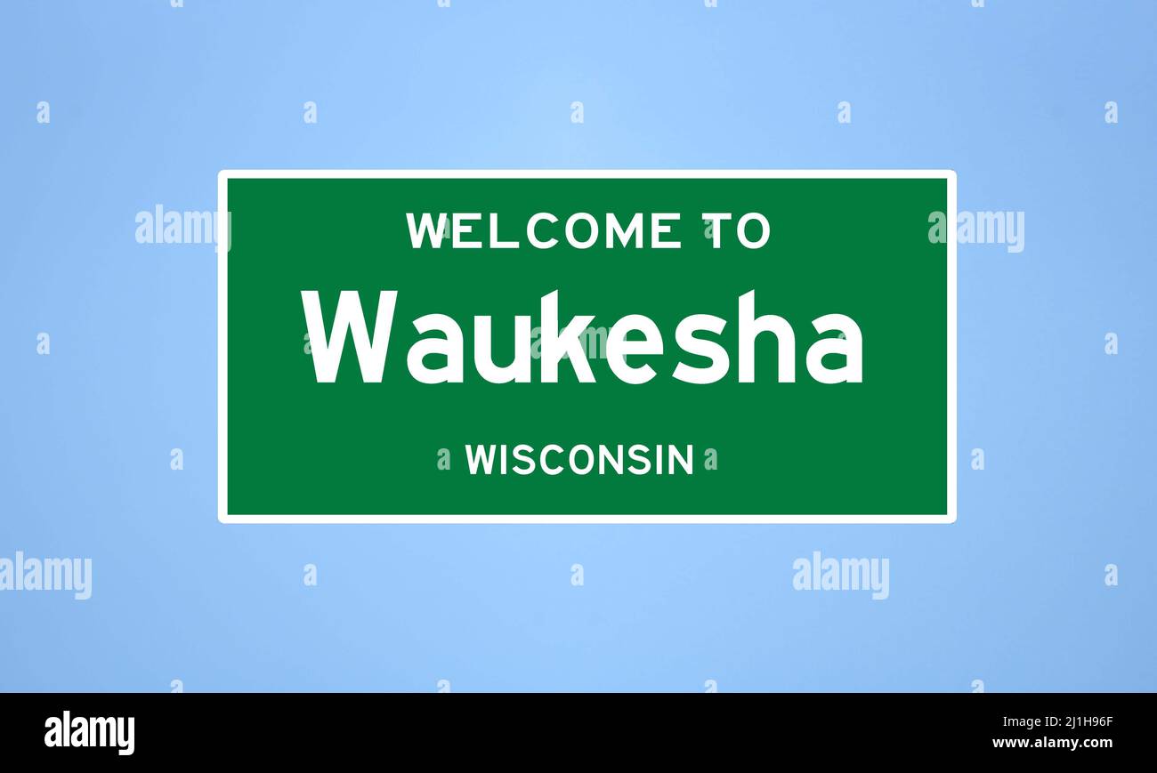 Waukesha, Wisconsin City Limit Sign. Cartello della città dagli Stati Uniti. Foto Stock