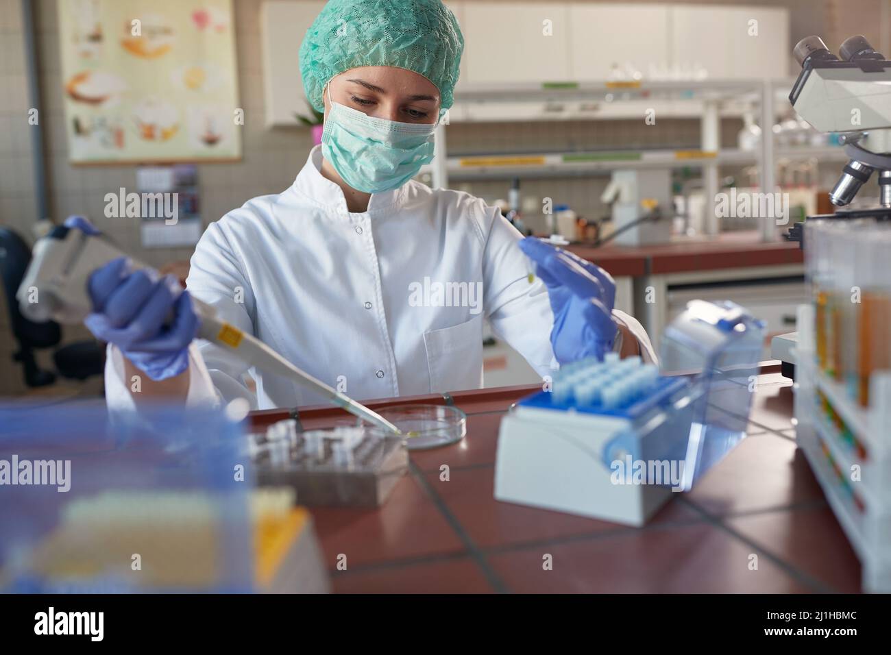 Una giovane scienziata femminile nel pipettaggio di attrezzi protettivi in un ambiente di laboratorio sterile. Scienza, chimica, laboratorio, persone Foto Stock