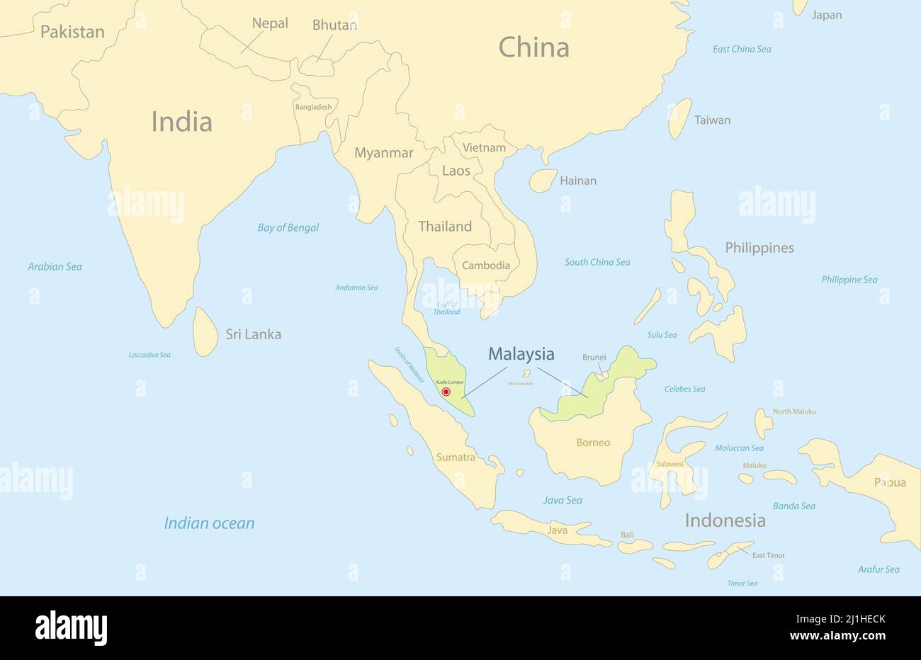 Mappa della Malesia con stati e nomi vicini, vettore di disegno mappe classiche Illustrazione Vettoriale