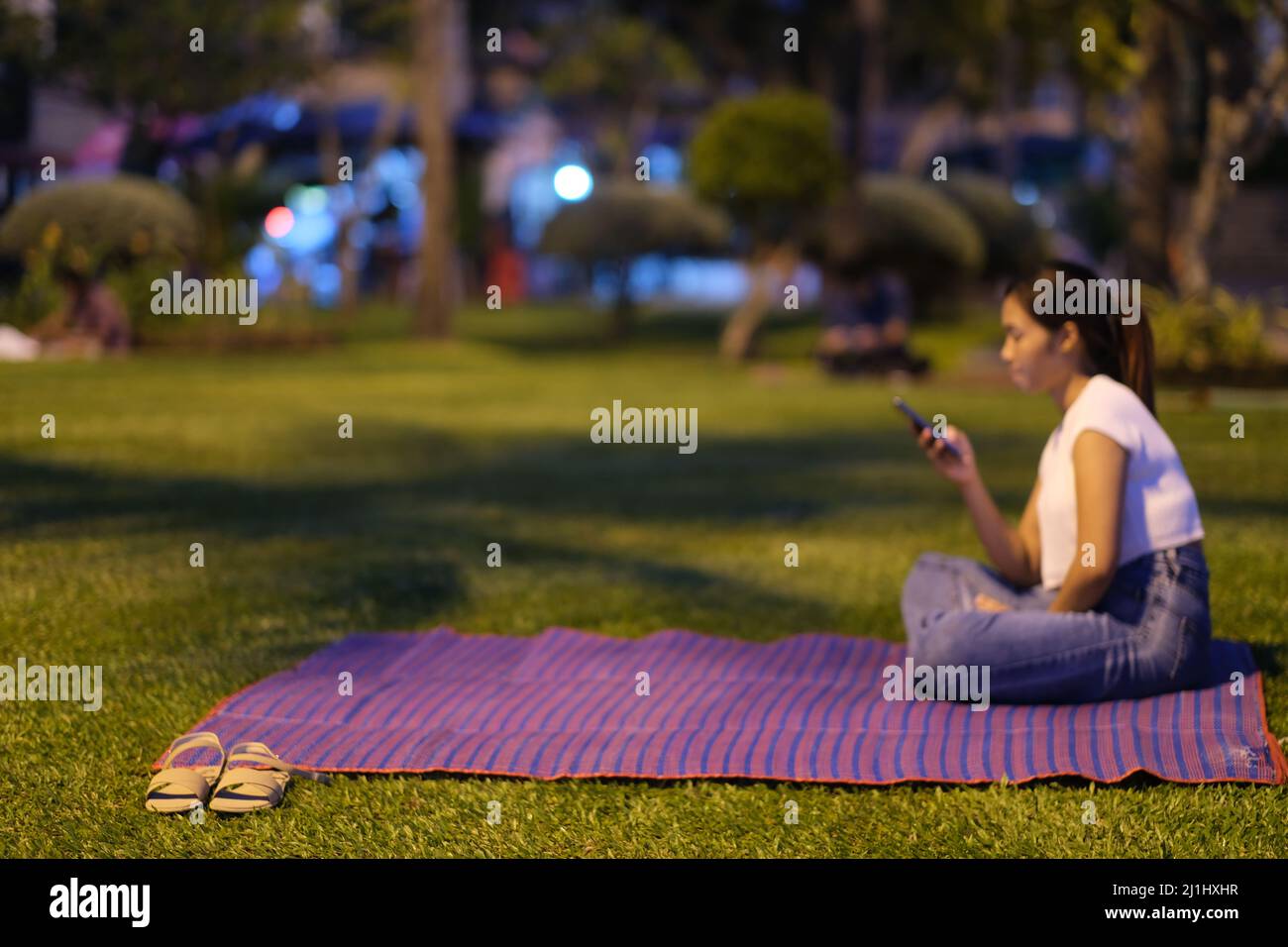 La giovane donna si rilassa su un tappeto su un prato verde perfetto, prima sera (scenario sfocato) Foto Stock