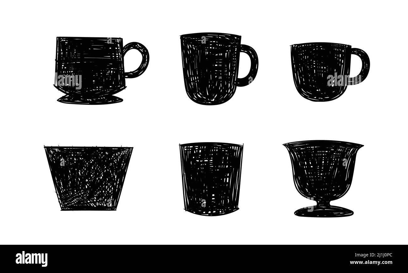 Doodle Set di contenitori per stoviglie disegnati a mano su sfondo bianco. Logo Symbol oggetti isolati per prodotti commerciali e merci. Illustrazione Vettoriale