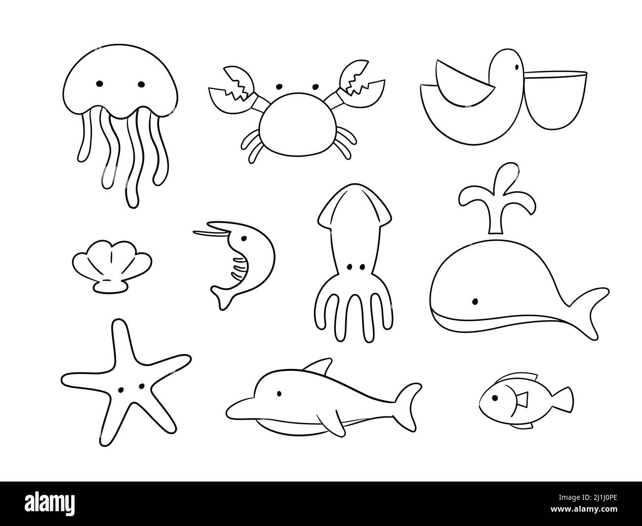 Doodle set di creature marine su sfondo bianco. Carino Doodle linea oggetti per bambini che possono utilizzare in prodotti commerciali e merci. Illustrazione Vettoriale