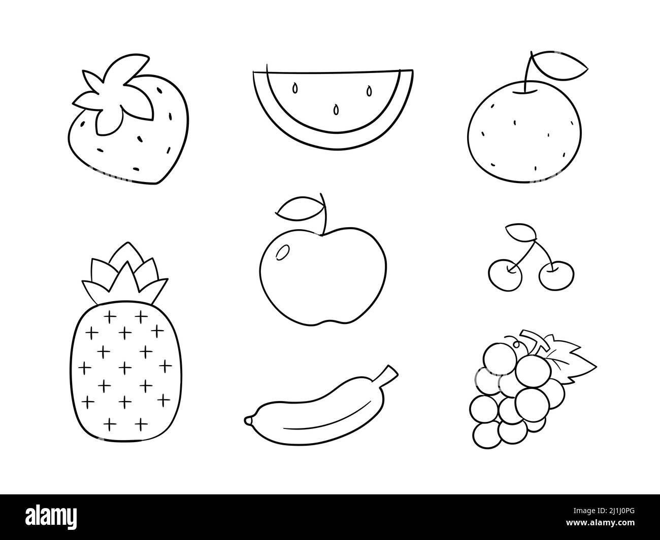 Doodle set di frutta carina su sfondo bianco. Carino Doodle linea oggetti per bambini che possono utilizzare in prodotti commerciali e merci. Illustrazione Vettoriale