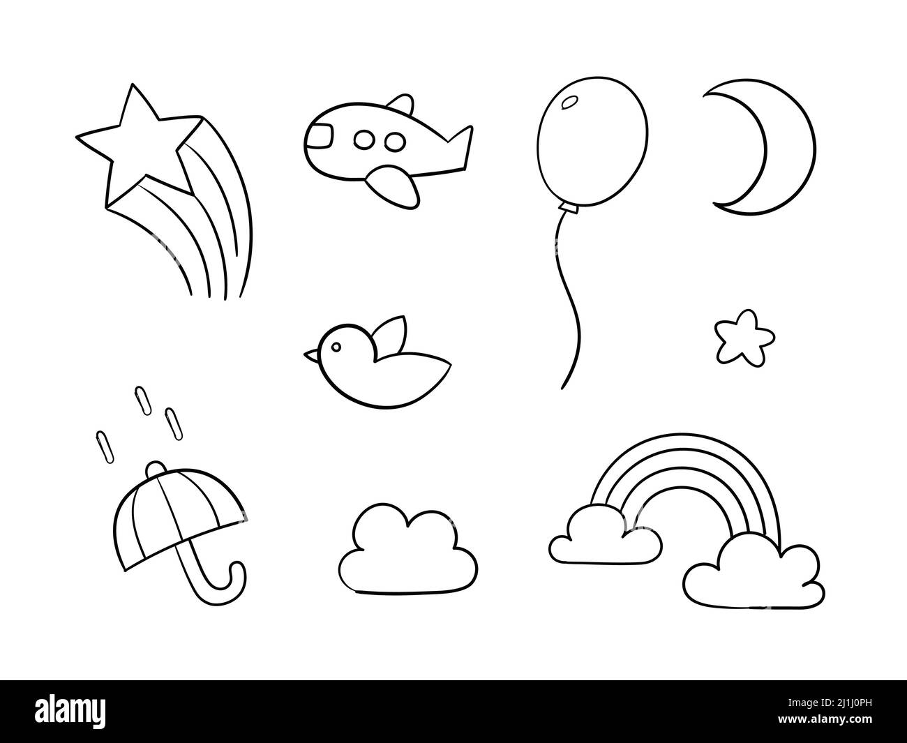 Doodle insieme di oggetti nel cielo su sfondo bianco. Carino Doodle linea oggetti per bambini che possono utilizzare in prodotti commerciali e merci. Illustrazione Vettoriale