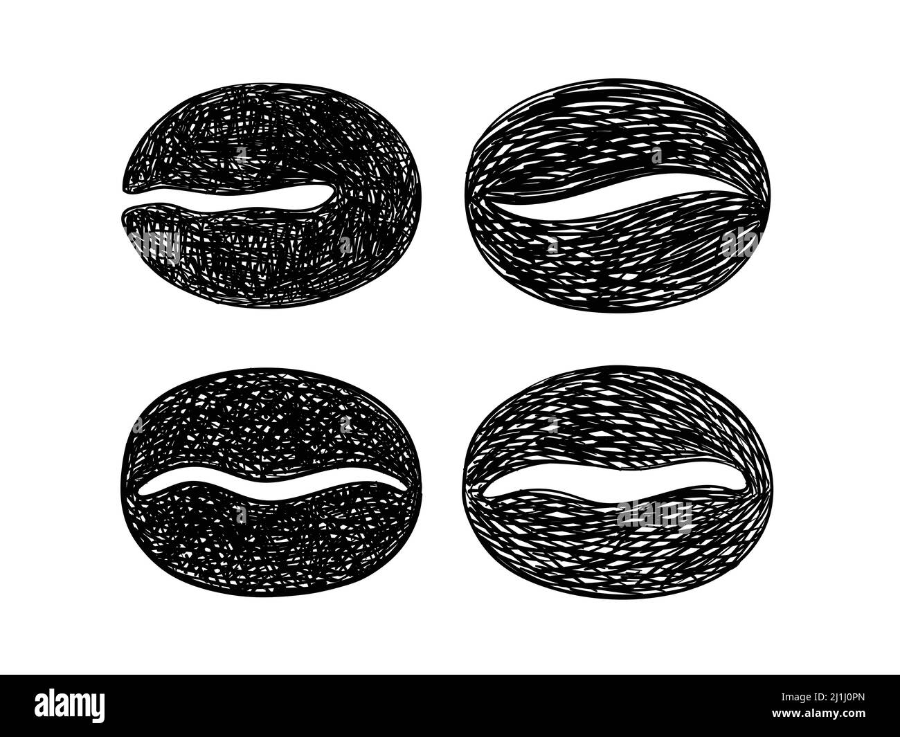 Doodle Set di chicchi di caffè disegnati a mano su sfondo bianco. Logo Symbol oggetti isolati per prodotti commerciali e merci. Illustrazione Vettoriale