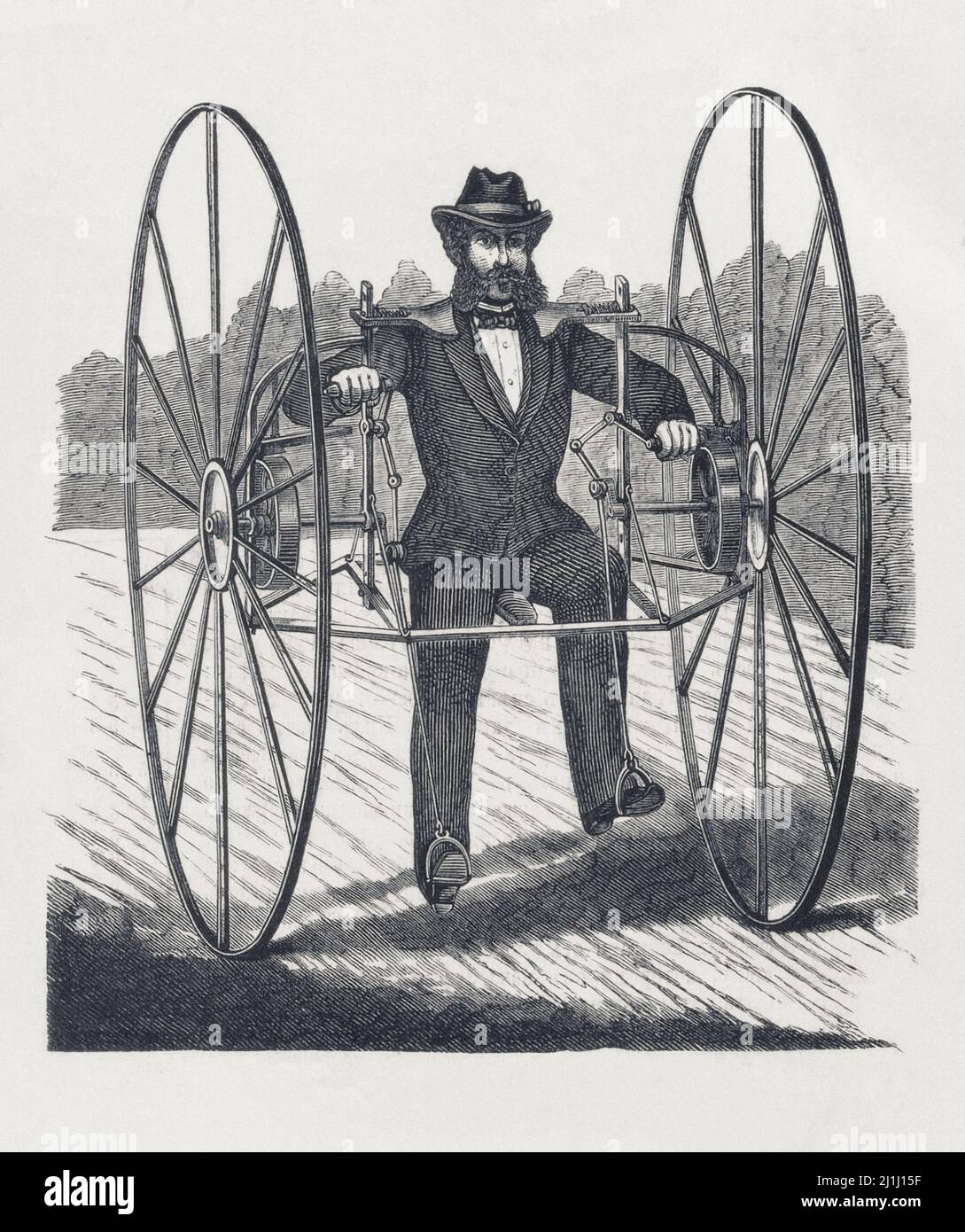Litografia del 19th° secolo dello scooter a due ruote di White. 1869 nel 1869 costruito a Philadelphia, lo scooter a due ruote di White, che ha introdotto un completamente Foto Stock