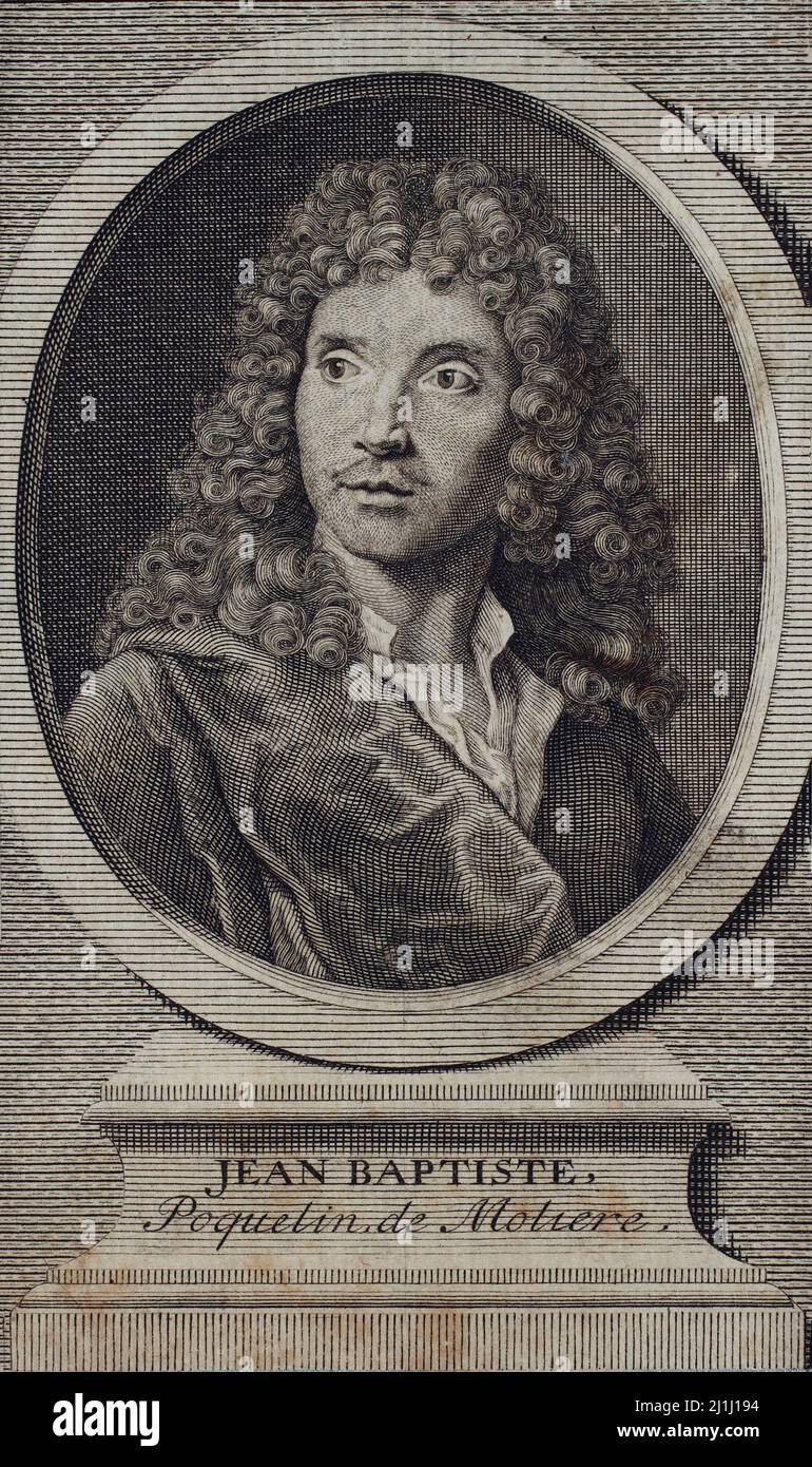 Ritratto d'incisione di Jean Baptiste Poquelin de Moliere, 1660 Jean-Baptiste Poquelin (1622 – 1673), noto con il suo nome di scena Molière, è stato un comico francese Foto Stock