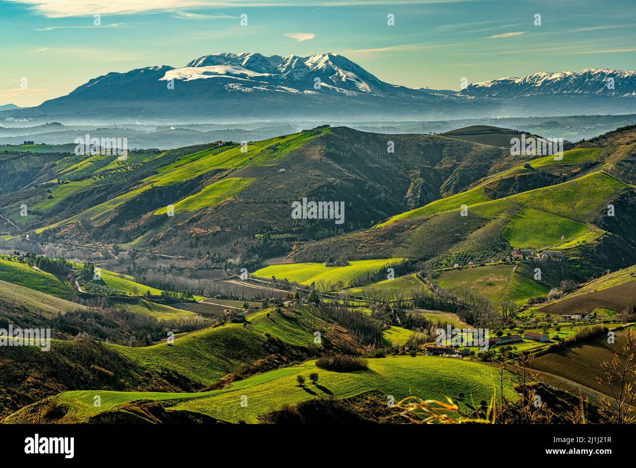 Colline coltivate, oliveti e prati. Sullo sfondo la catena Maiella. Atri, provincia di Teramo, Abruzzo, Italia; Europa Foto Stock