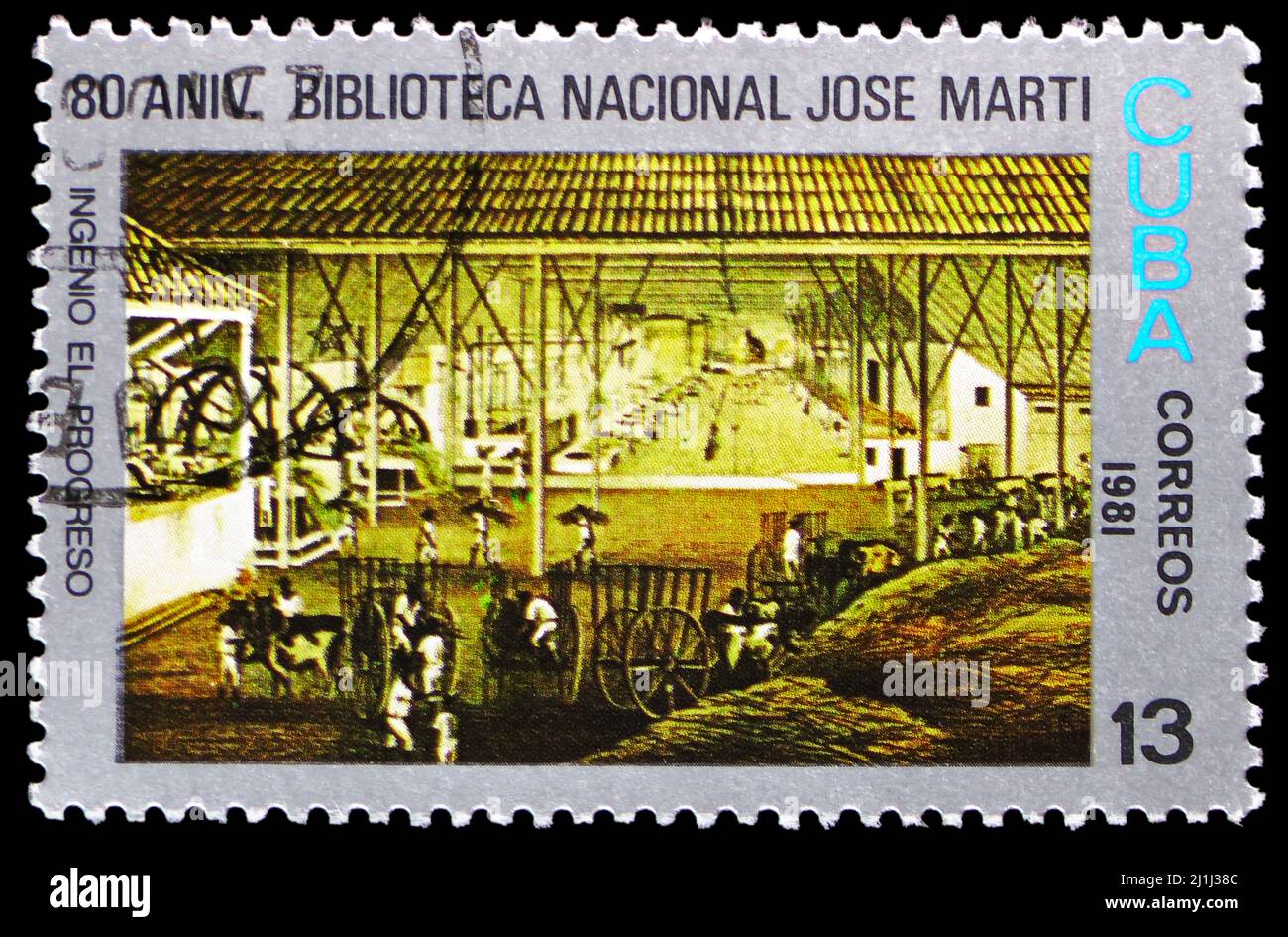 MOSCA, RUSSIA - 12 MARZO 2022: Francobollo stampato a Cuba mostra zuccherificio 'El progresso', Biblioteca Nazionale Jose Marti, serie 80th anniversario, c Foto Stock