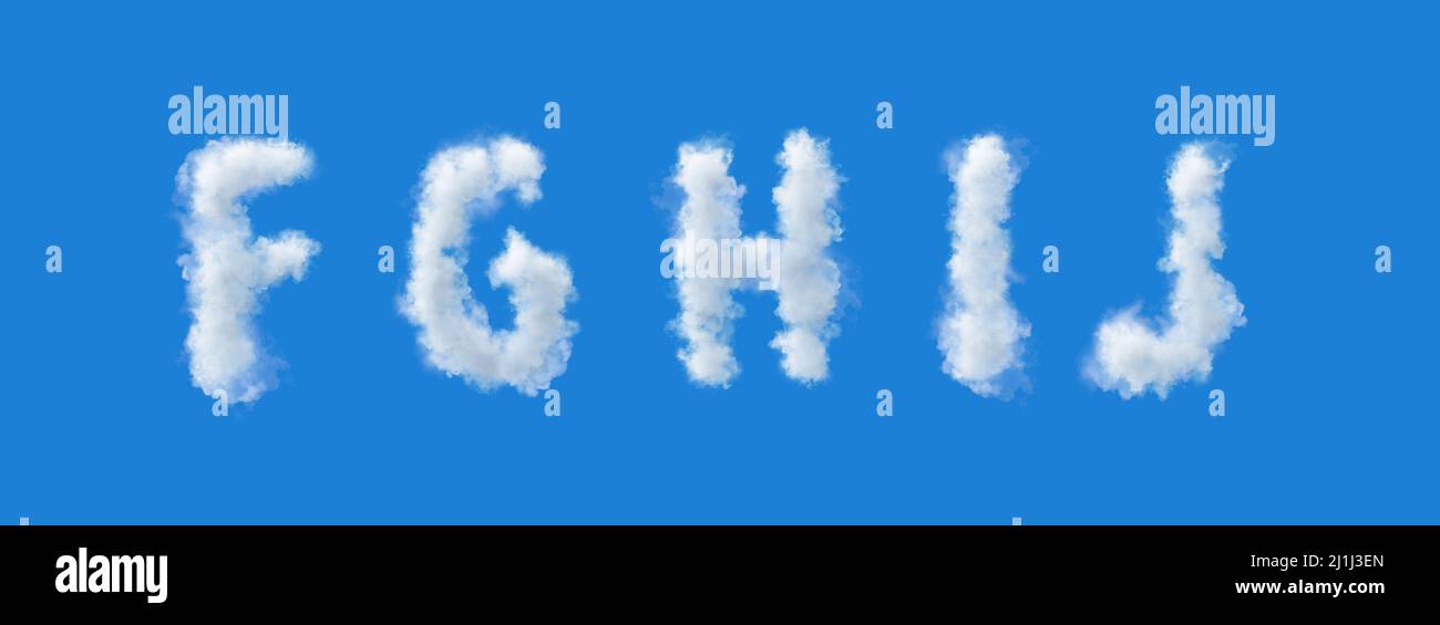 set di lettere bianche fatte di nuvole su sfondo blu, 3d alfabeto, illustrazione, fghij Foto Stock