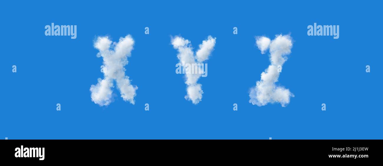set di lettere bianche fatte di nuvole su sfondo blu, 3d alfabeto, illustrazione Foto Stock
