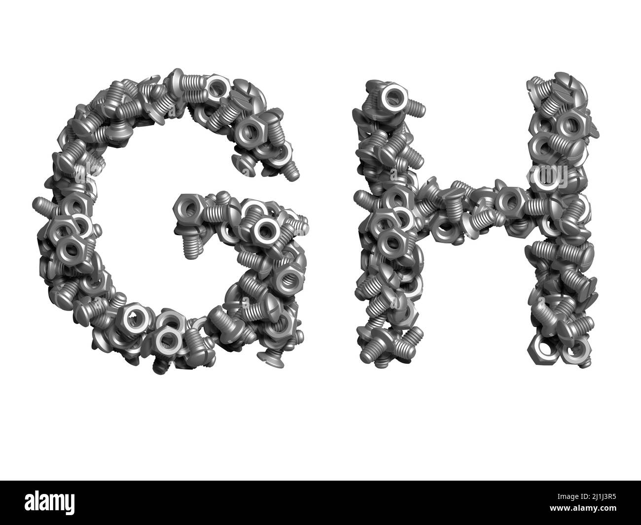 3D alfabeto, lettere maiuscole fatte di bulloni, illustrazione 3D su sfondo bianco, G H Foto Stock