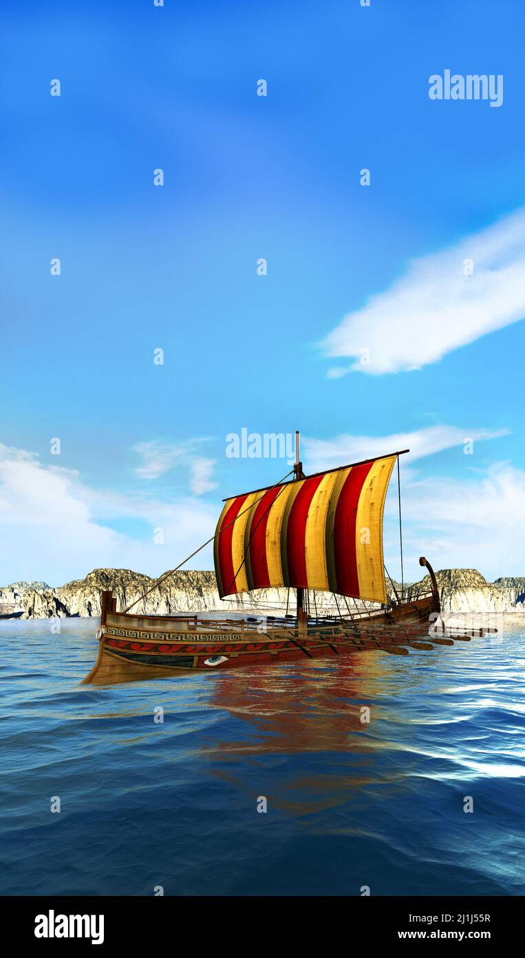 vecchia nave greca in mare vicino ad un'isola, 3d illustrazione, fantasia e paesaggio storico, Foto Stock
