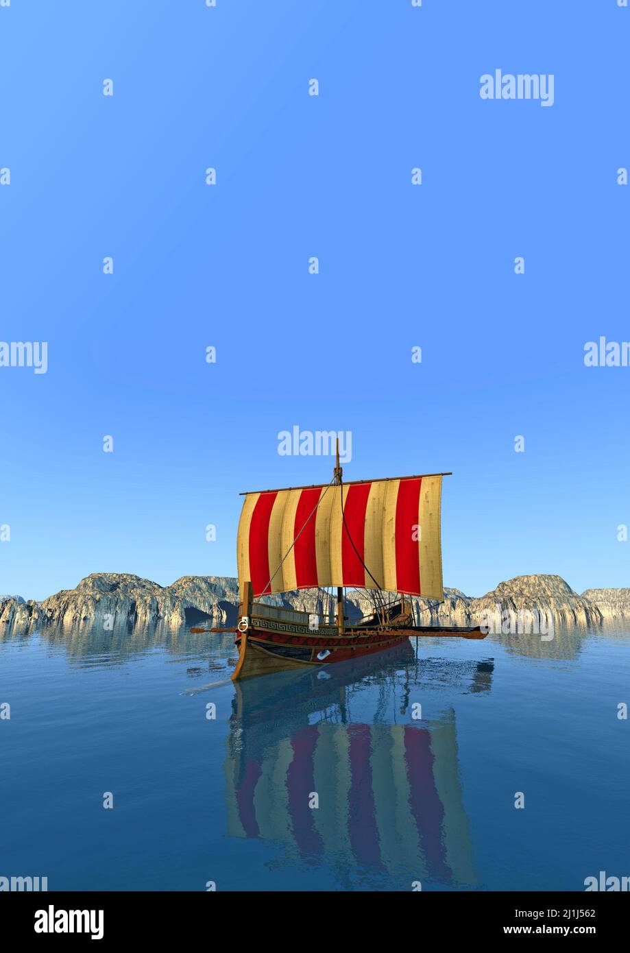 vecchia nave greca in mare vicino ad un'isola, 3d illustrazione, fantasia e paesaggio storico, Foto Stock