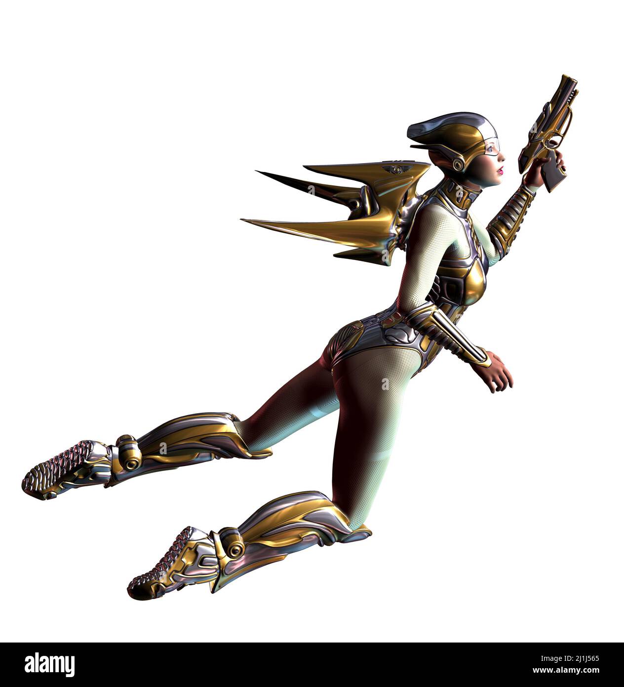 donna futuristica in salto, volare con un jetpack, armato di pistole, 3d illustrazione Foto Stock
