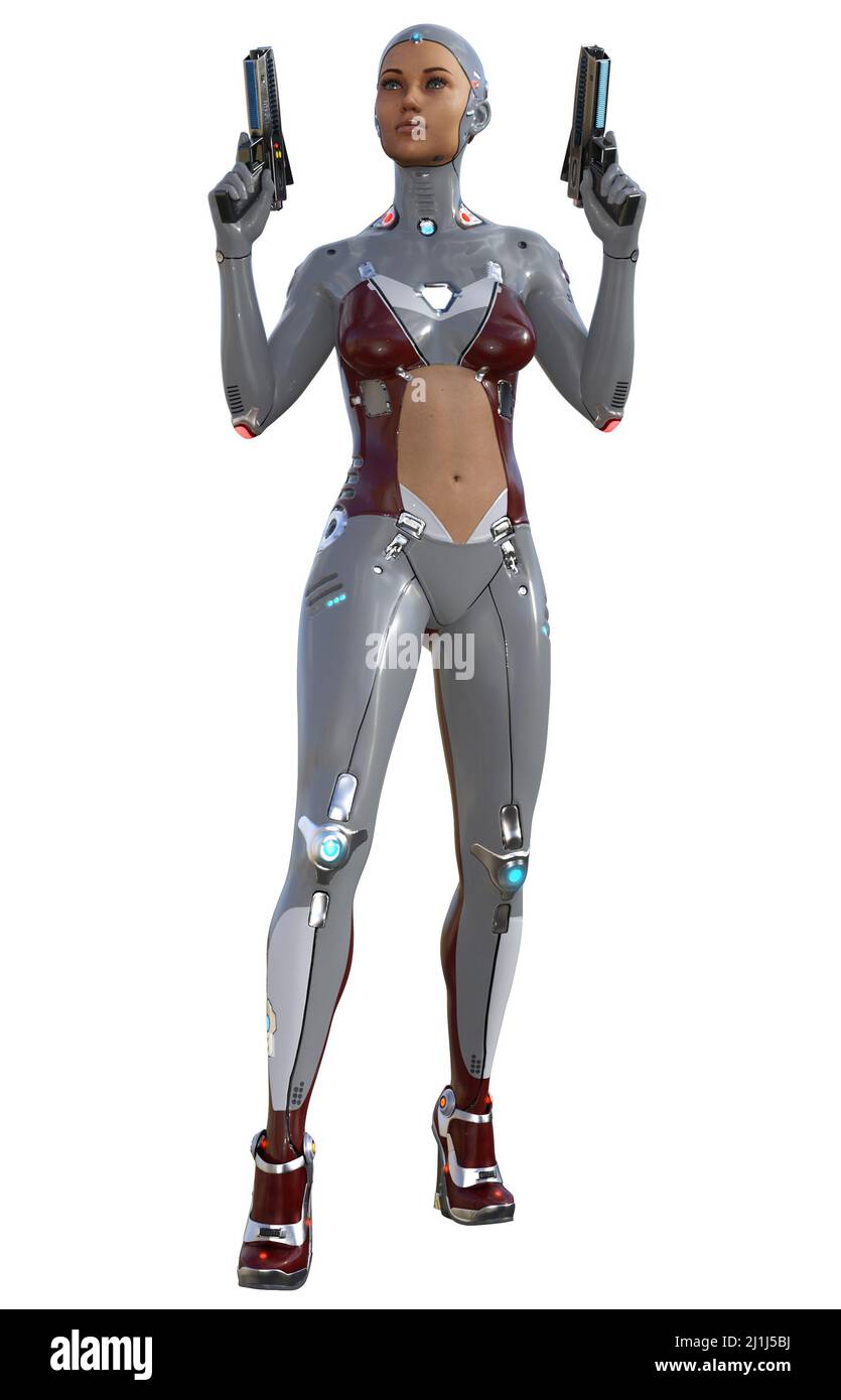 Cyborg con pistole, illustrazione fantascienza, rendering 3D su sfondo bianco Foto Stock