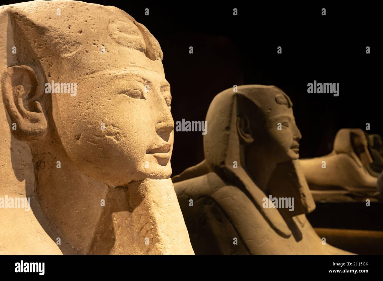 Torino, Italia - Circa Luglio 2021: Archeologia egizia. Antica Sfinge in arenaria raffigurante il faraone, spazio copia Foto Stock