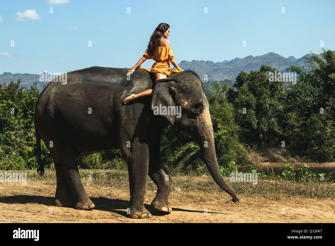 La donna che indossa un bel vestito arancione sta cavalcando l'elefante  Foto stock - Alamy