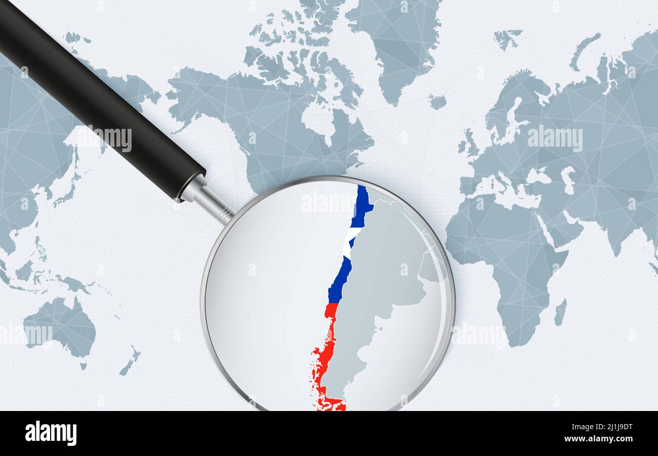 Mappa ingrandita del Cile sulla mappa mondiale centrata sull'America. Mappa ingrandita e bandiera del Cile. Modello vettoriale. Illustrazione Vettoriale