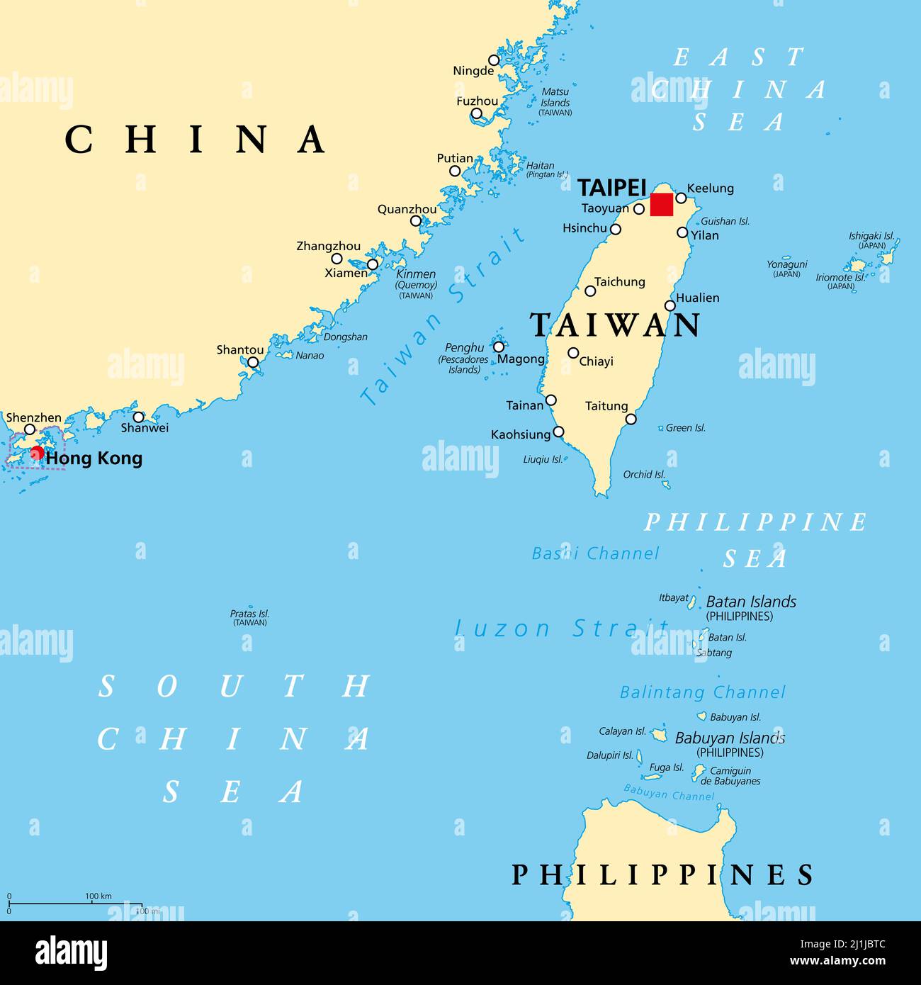 Area di Taiwan, mappa politica con la capitale Taipei. Zona libera della Repubblica di Cina (ROC). Province e gruppi insulari di Taiwan. Foto Stock