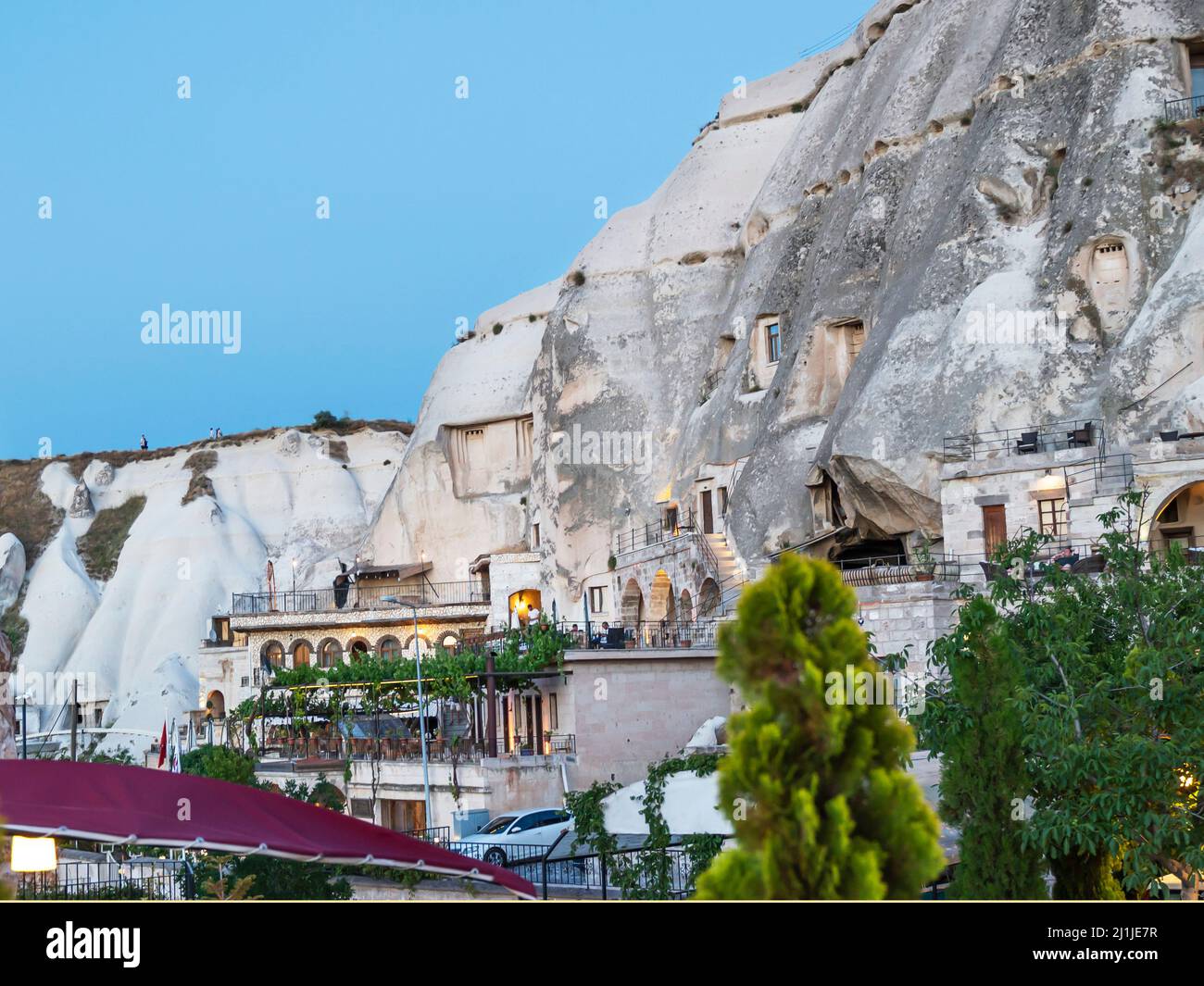 Vista della città di Goreme in serata, Turchia. Foto Stock