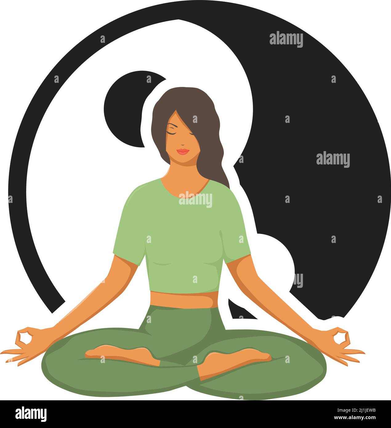 donna in posa yoga di fronte al simbolo yin yang Illustrazione Vettoriale