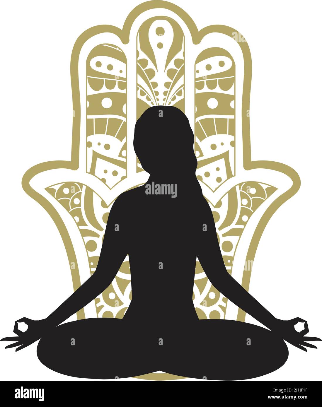 donna in posa yoga di fronte alla mano di hamsa Illustrazione Vettoriale