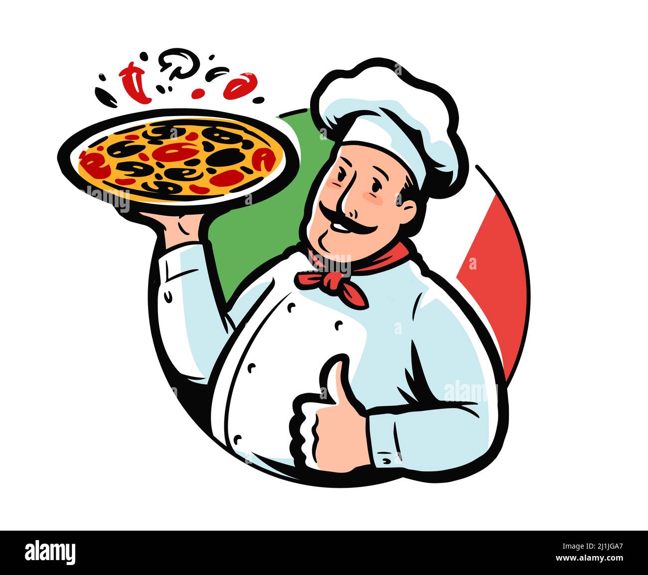 Divertente illustrazione cartoon chef italiano che tiene pizza deliziosa. Ristorante, pizzeria emblema illustrazione vettoriale Illustrazione Vettoriale