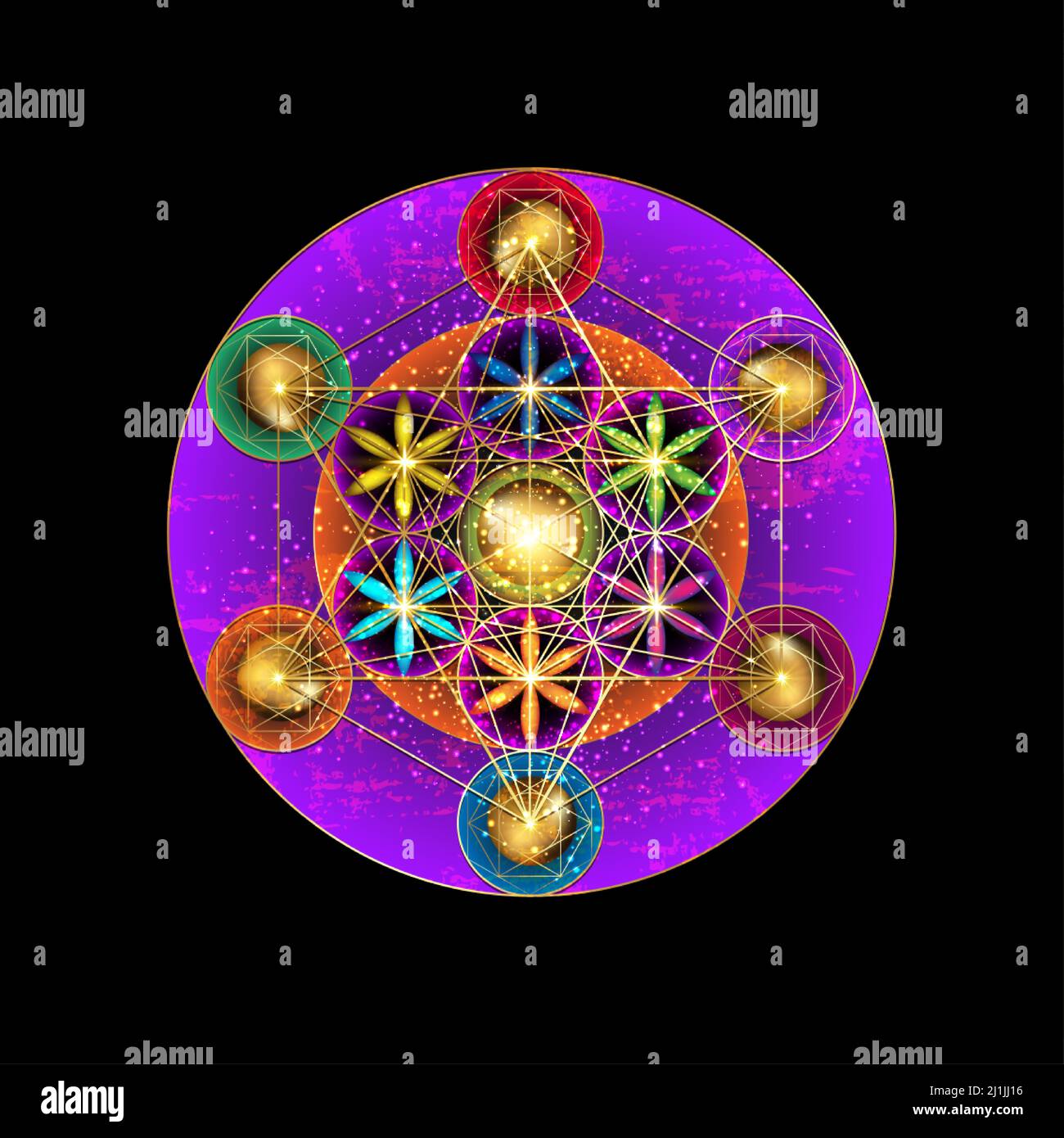 Cubo di Metatron, fiore della vita. Geometria sacra d'oro. Vecchio Vintage Mystic icona platonica solidi Merkabah, disegno geometrico colorato cerchi segno Illustrazione Vettoriale