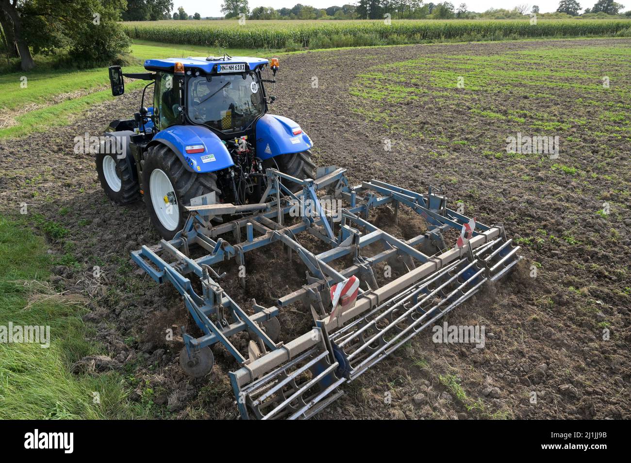 Germania, New Holland Tractor T6,180 con motore a gas alimentato da gas di biometano CNG, che opera sul campo preperazione del suolo / DEUTSCHLAND, Damnatz im Wendland, neuer New Holland Traktor T6,180 mit Methanpower mit Gasmotor und Biomethan bzw. Gas CNG Antrieb im Test beim Grubbern auf dem Acker Foto Stock