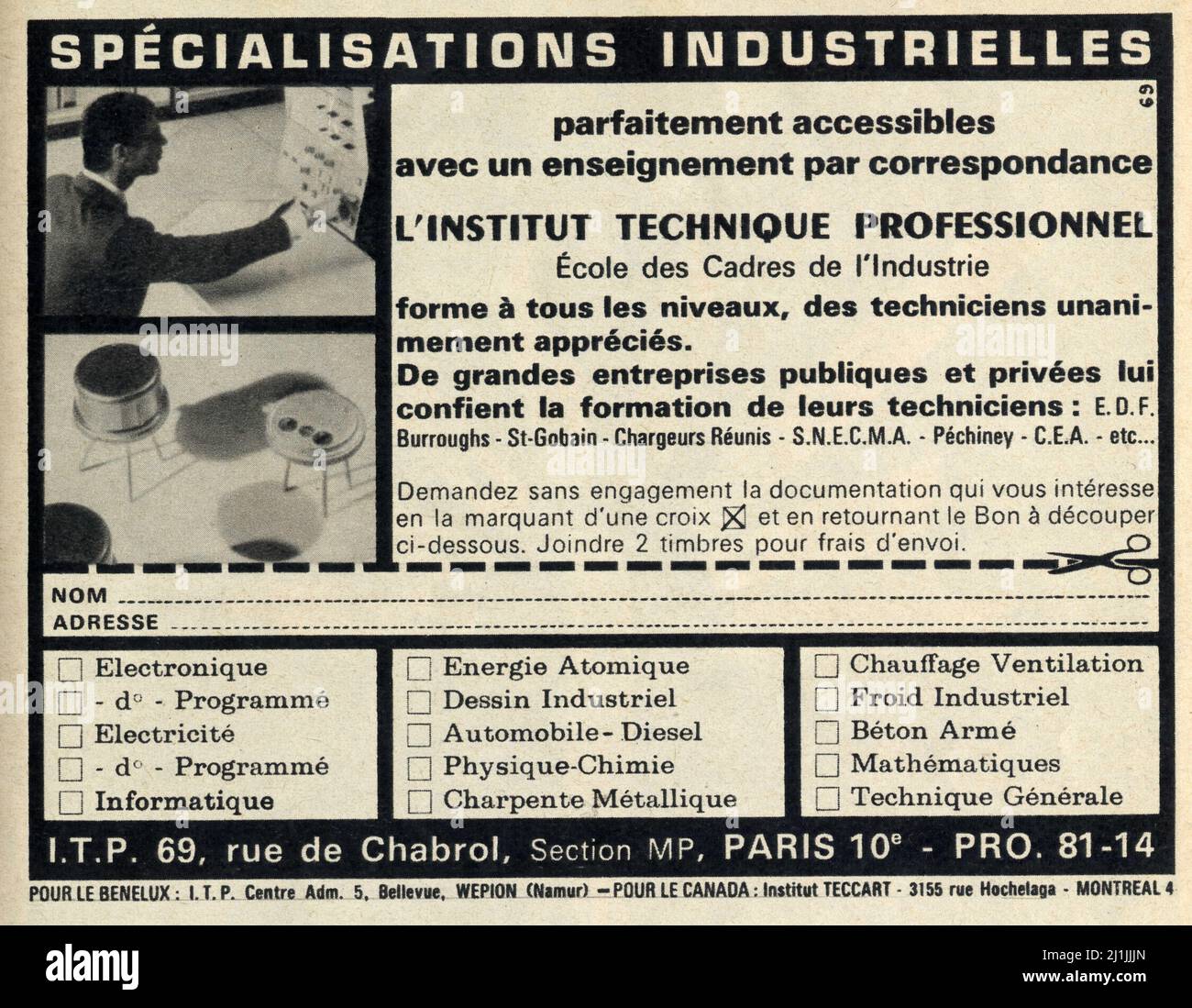 Publicité ancienne. Spécialisations industrielles. 1969 Foto Stock