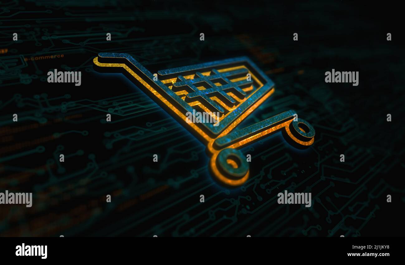 Carrello icona del commercio in linea e commercio elettronico simbolo del commercio digitale concetto. Network, cyber Technology e computer background abstract 3D illus Foto Stock
