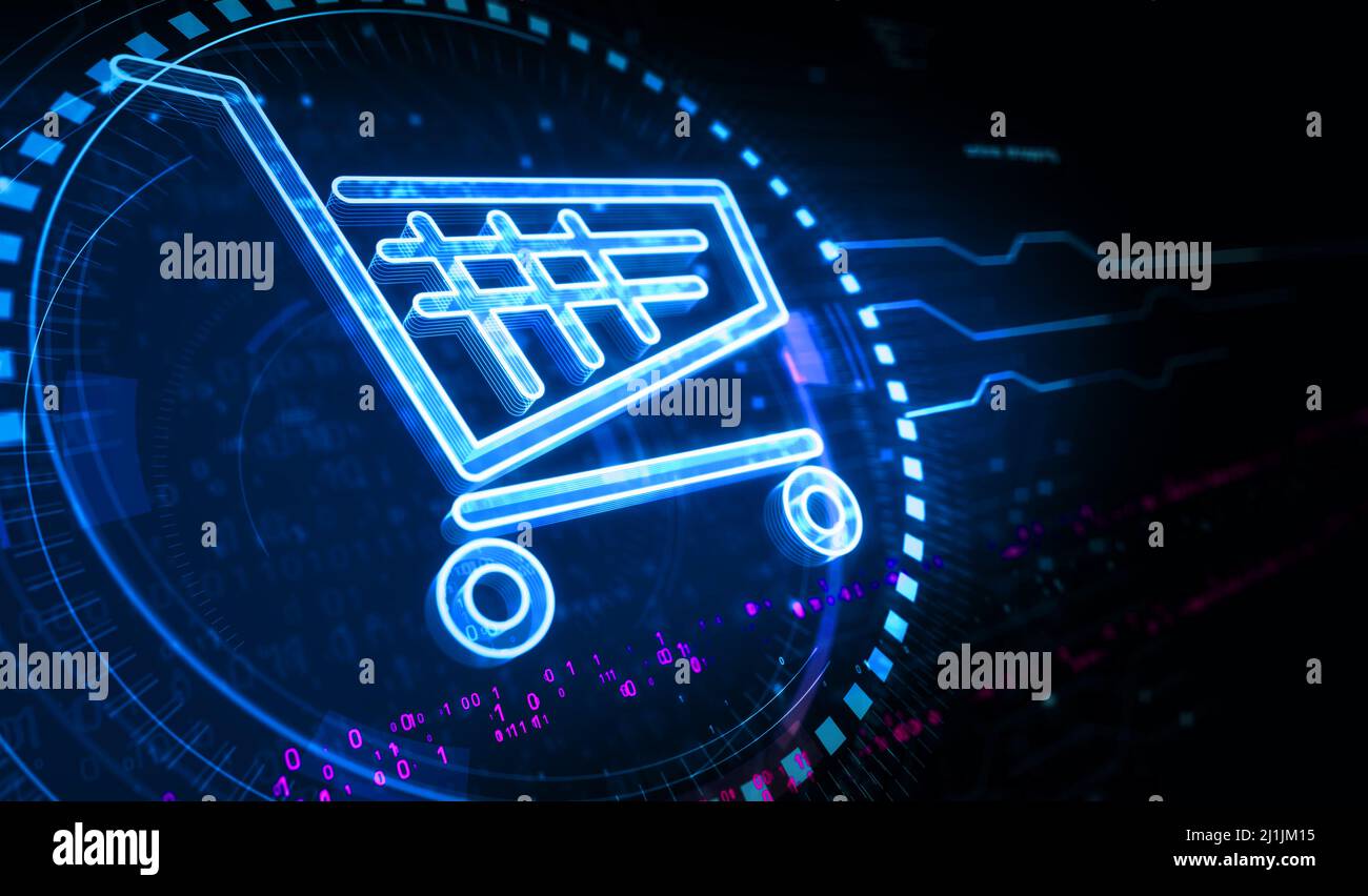Carrello icona del commercio in linea e commercio elettronico simbolo del commercio digitale concetto. Network, cyber Technology e computer background abstract 3D illus Foto Stock